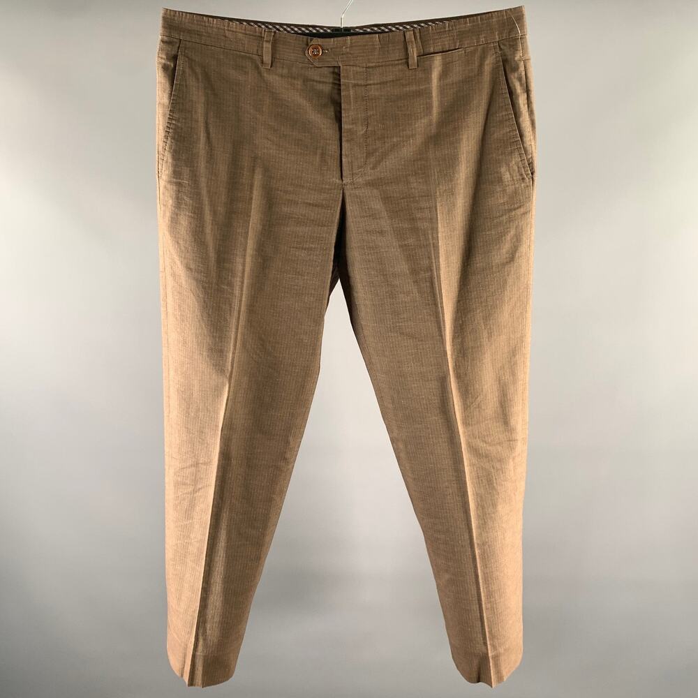 ETRO Size 38 Brown Stripe Cotton Linen Blend Flat Front Casual Pants